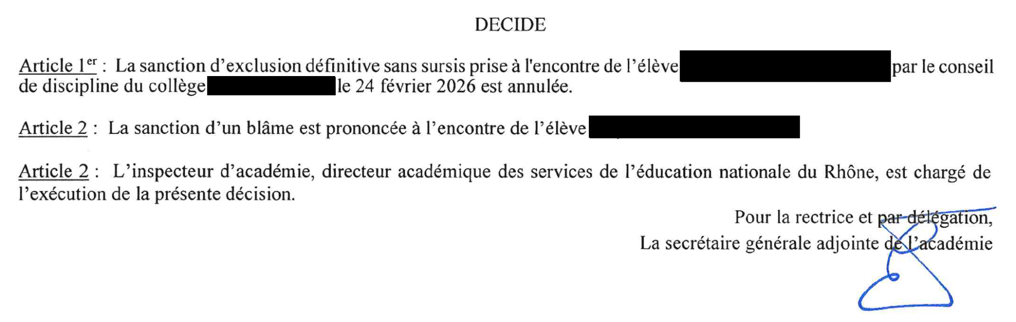 Conseil de discipline : exclusion définitive d’un collégien annulée en appel devant le rectorat