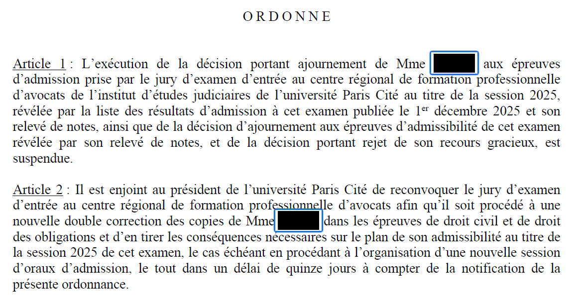 Suspension d’un ajournement au CRFPA pour méconnaissance d’un aménagement d'une candidate en situation de handicap