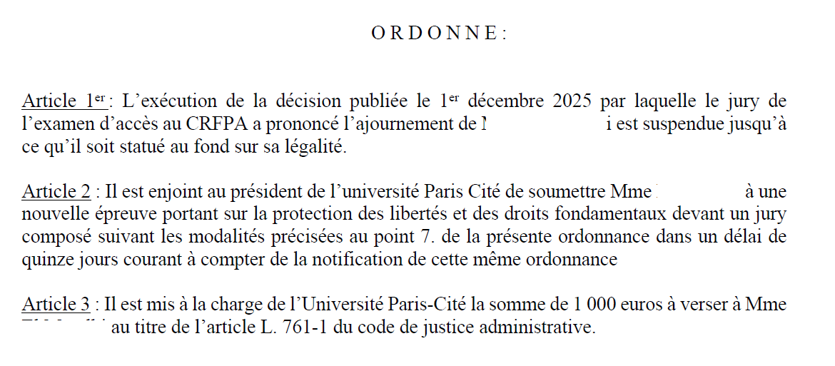 Suspension d'un ajournement à l'examen d'accès au CRFPA car les examinateurs du grand oral ont été irrégulièrement désignés 