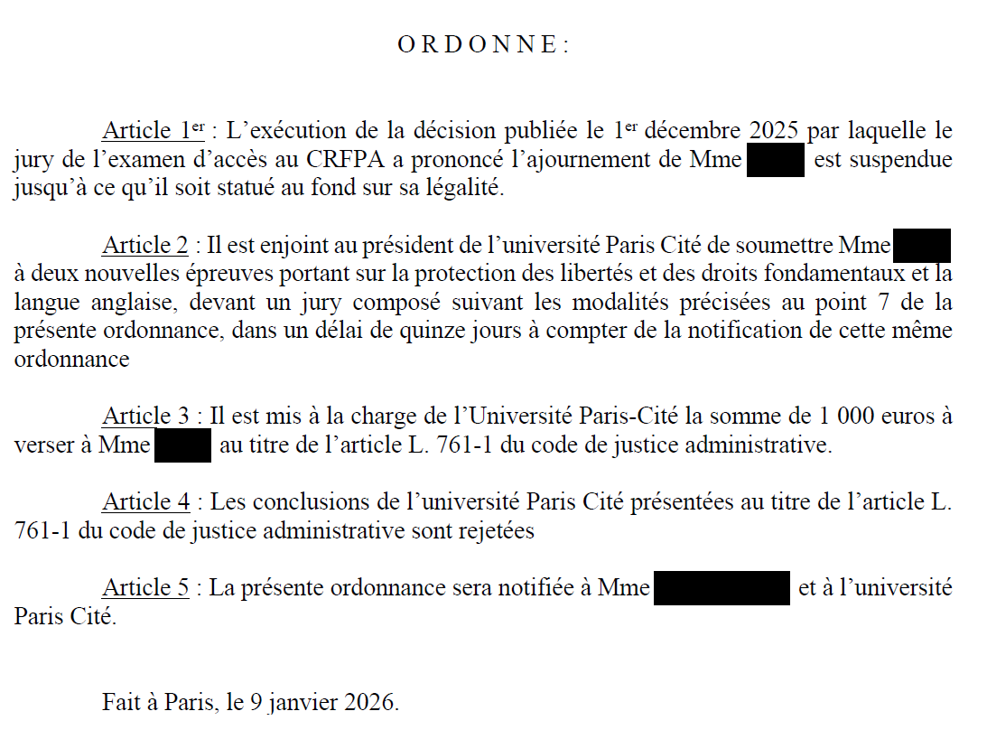 Suspension de quatre ajournements à l'examen d'accès au CRFPA organisée par l'Université Paris Cité (Paris V)