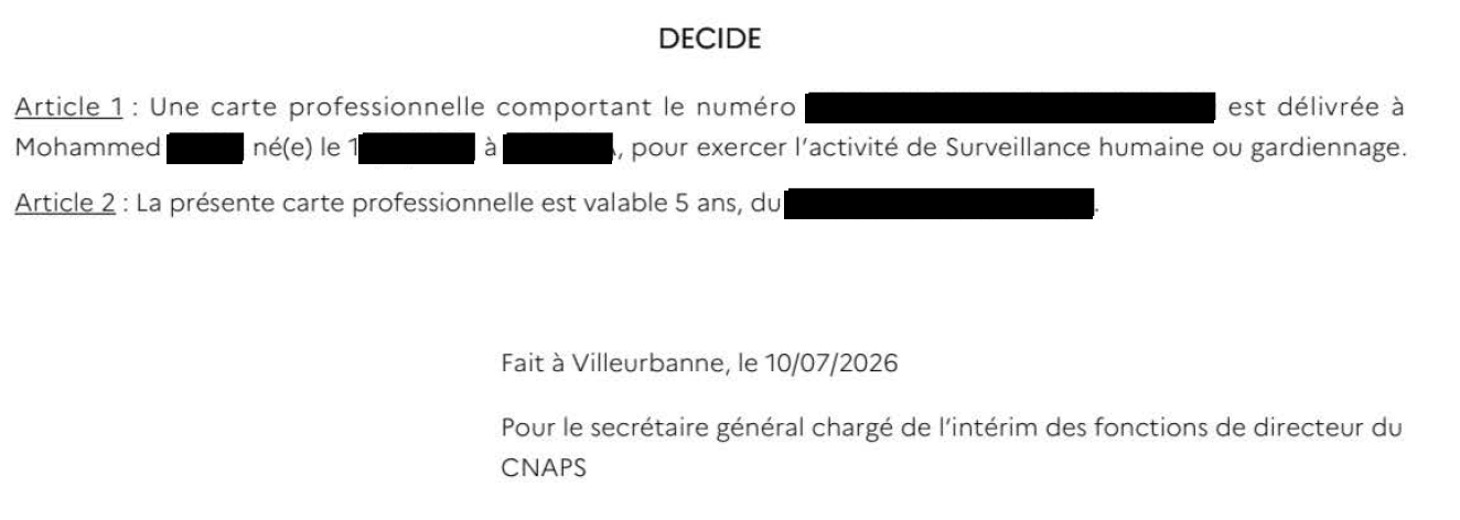 Renouvellement d'une carte professionnelle après un refus du CNAPS